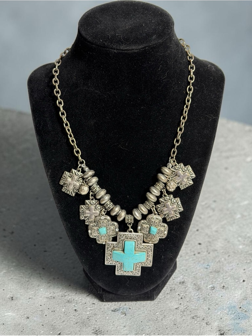 Turquoise Cross Pendant Silver Tone Scroll Designs Boho Statement Necklace
